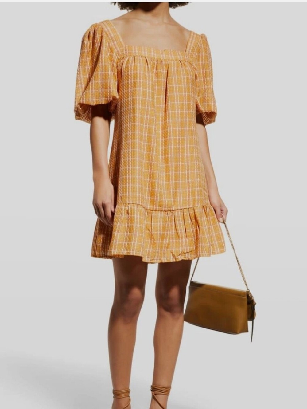 Nwt. Marie Oliver Women's Square Neck Puff Sleeve Dress in Mustard Plaid